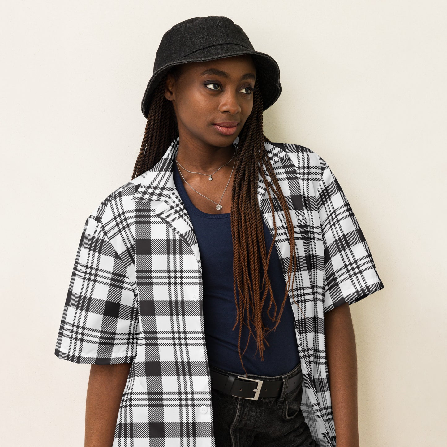 Unisex Button Shirt - Minimal B&W Plaid